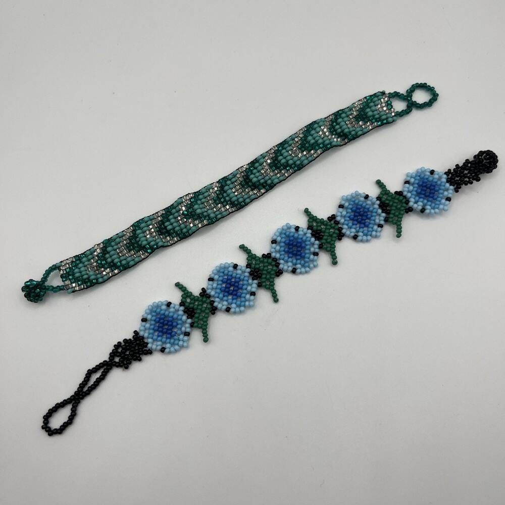 Handmade Seed Bead Bracelet Set of 2 Blue Flower & Green Geometric Chevron
